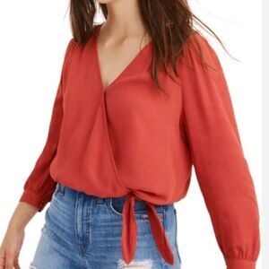 Madewell Crepe Wrap Top In Bright Ember Blouse Career Small
